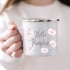 Halloween Personalised Enamel Mug, Hello Pumpkin, Halloween Camping Mug, Gift For Halloween, Pastel Pink, Autumn Cup, Fall Coffe Mug UK