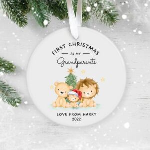 Personalised First Christmas as Grandparents, Gift for Nanny Grandma Grandad, Family Keepsake Baby’s 1st Christmas, Lion, Safari Animals