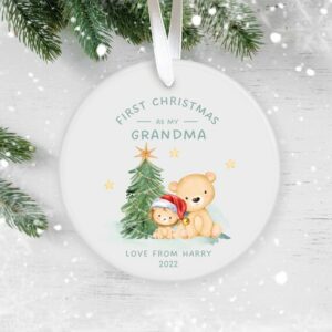 Personalised First Christmas as My Grandma, Gift for Nanny, Granny Grandpa, Family Keepsake Baby’s 1st Christmas, Lion, Safari Animals